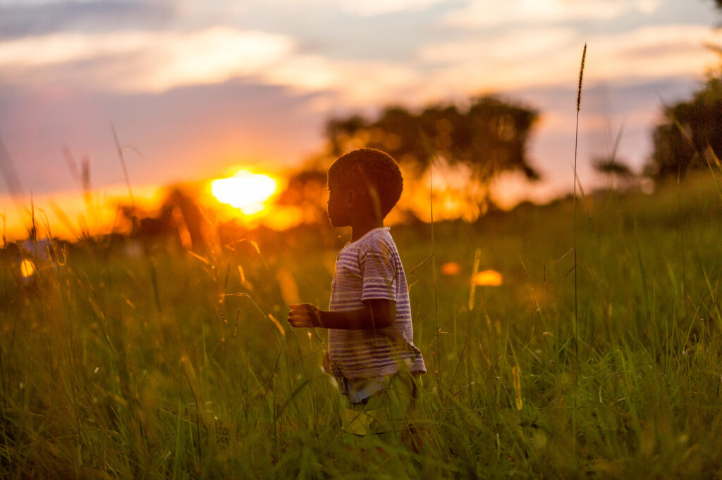 Ett barn i Zambia fotograferad i profil mot solnedgång mitt på en äng med högt gräs.