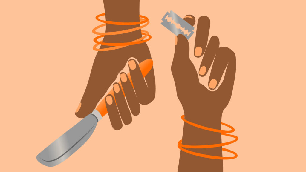 Illustrationsbild av ett par händer som håller i en kniv och ett rakblad.