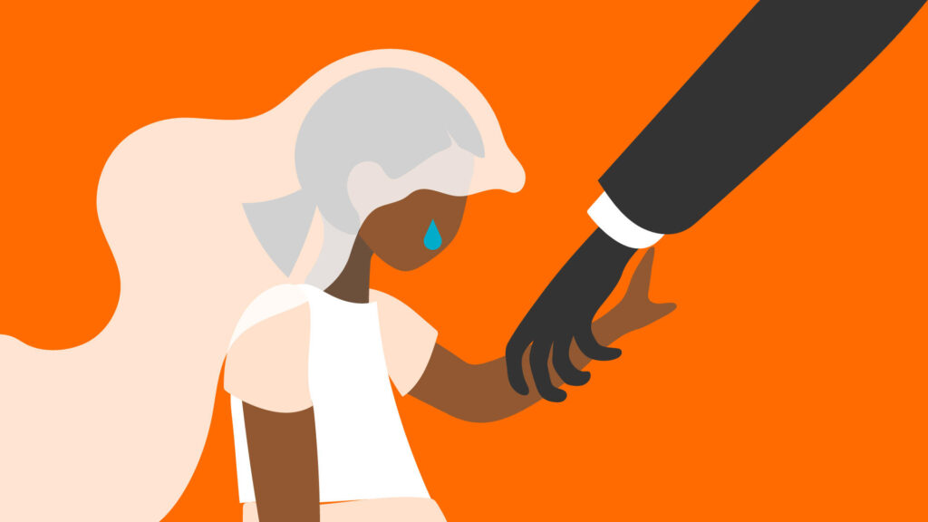 En illustrationsbild på en liten flicka i brudklänning och -slöja som ser ner mot marken. En tår faller från hennes öga. En hand tillhörande en vuxen, kostymklädd arm håller flickans arm i ett hårt grepp.