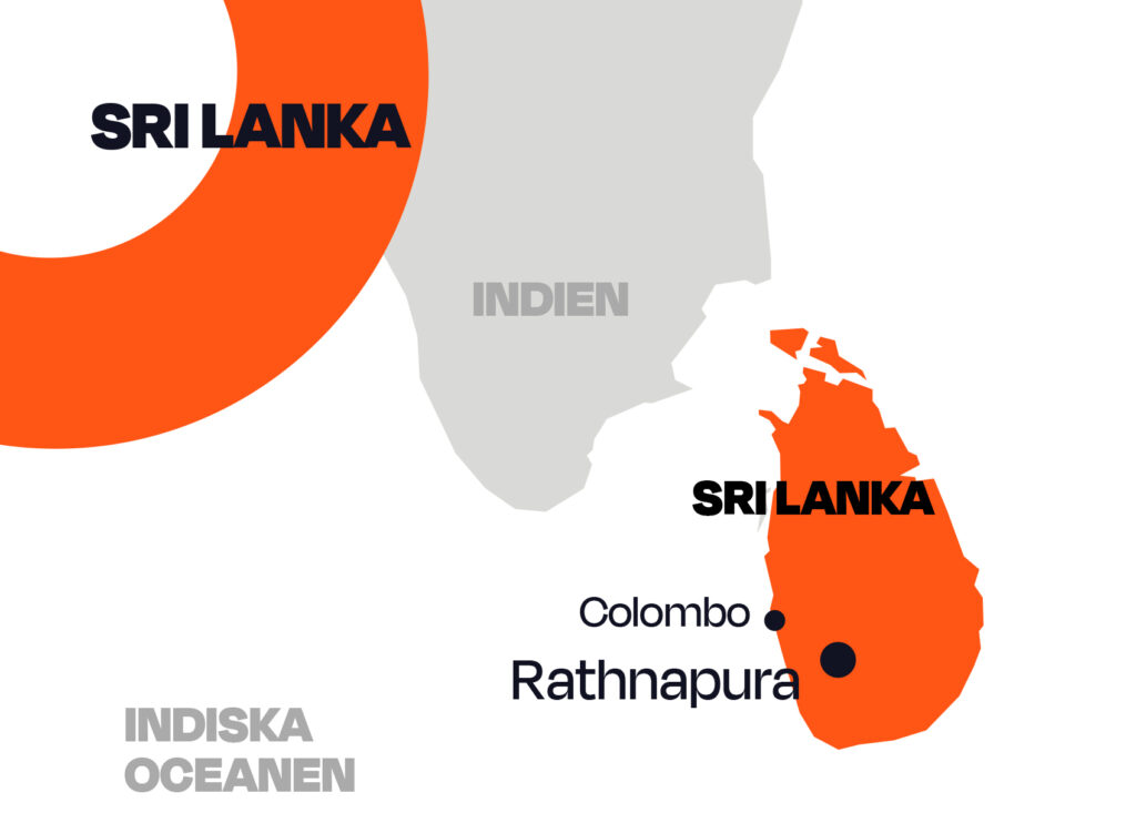 Karta som visar var Rathnapura ligger i förhållande till Sri Lankas huvudstad Colombo.