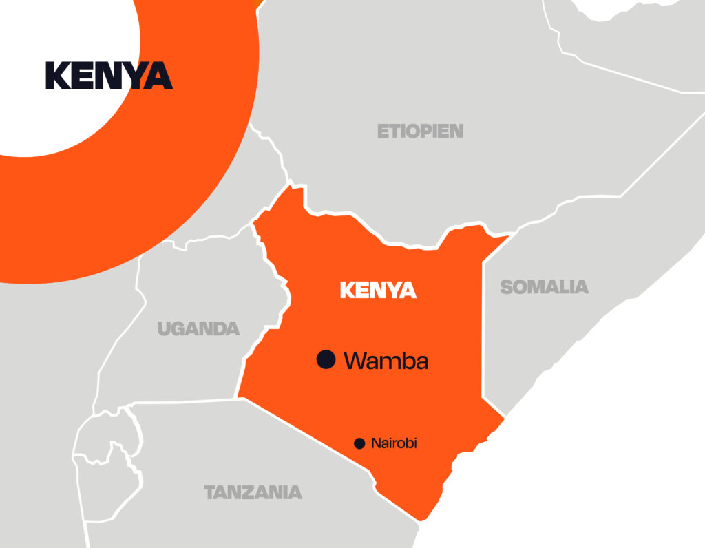 Karta som visar var Wamba ligger i förhållande till Kenyas huvudstad Nairobi.