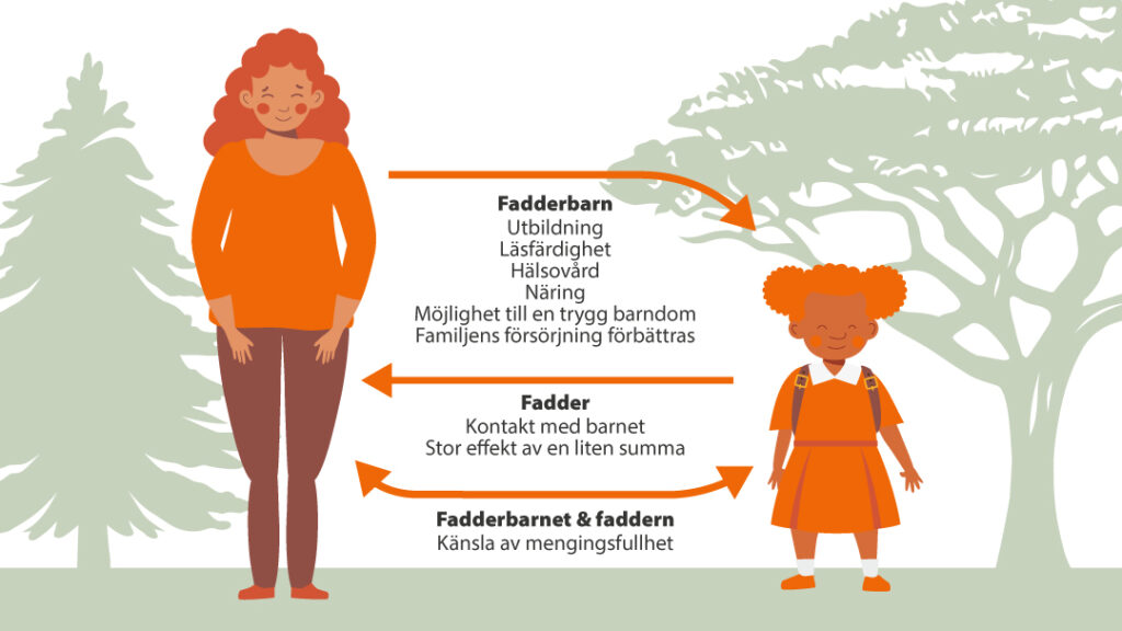 En illustrerad bild på en fadder och ett fadderbarn som visar vad var och en får ut av fadderskapet.