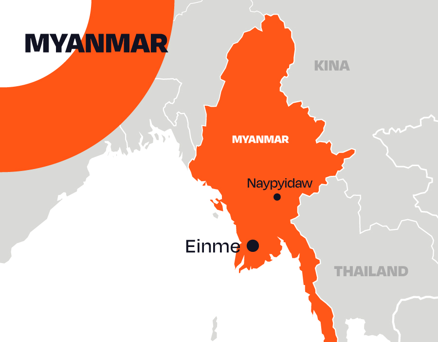 Karta som visar var Einme ligger i förhållande till Myanmars huvudstad Naypyidaw.