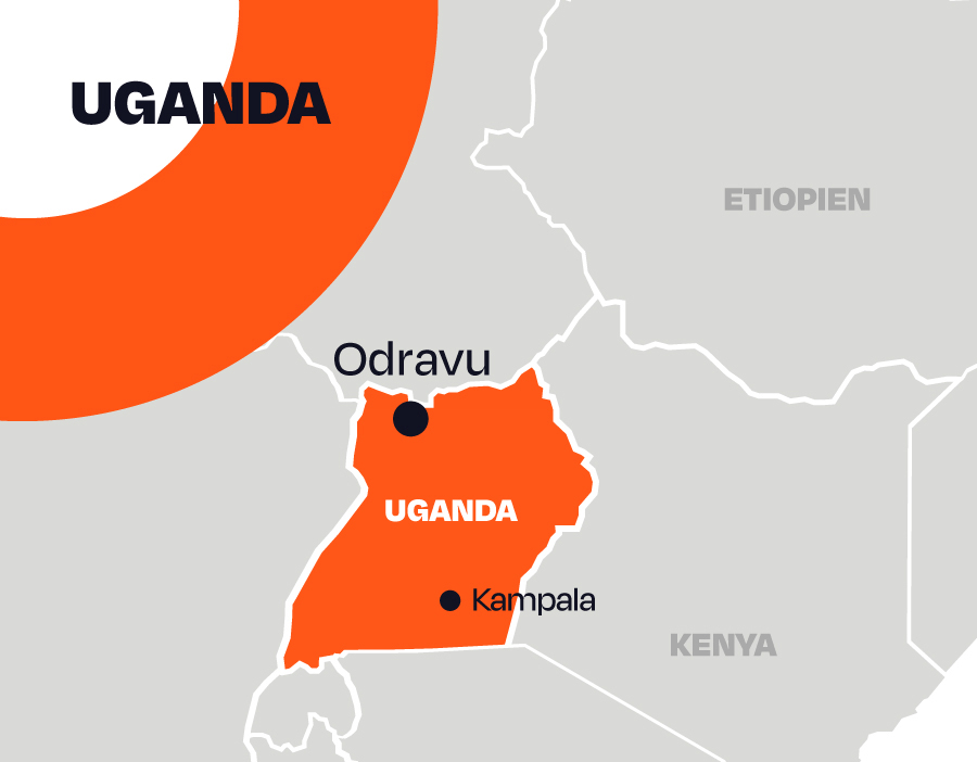 Karta som visar var Odravu ligger i förhållande till Ugandas huvudstad Kampala.